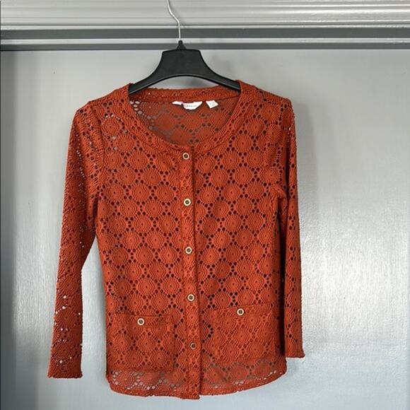 Susan Graver Button Front Rust Lace Sweater Long Sleeves sz XXS Cardigan - Picture 1 of 6